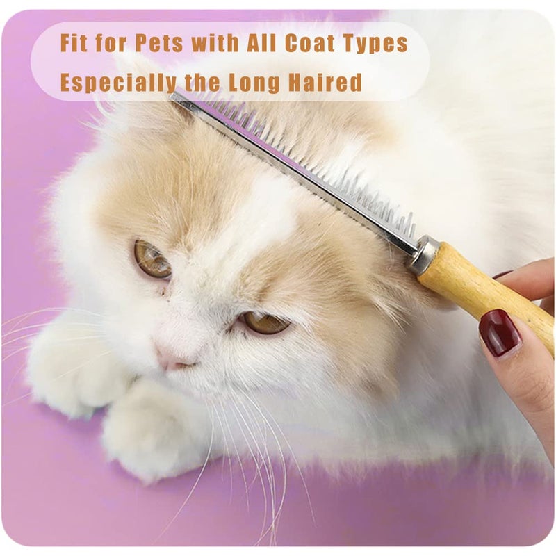 koofull Dog Cat Grooming Comb with Wooden Handle Stainless Steel Teeth, Pet Grooming Supplies Accessories for Hairy Pets (Dual Teeth) - Image 5